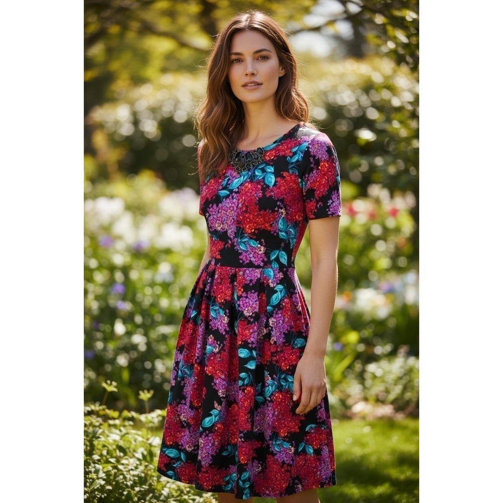Lularoe AMELIA Red Floral Hydrangea a line Stretchy Knit Dress Size Medium